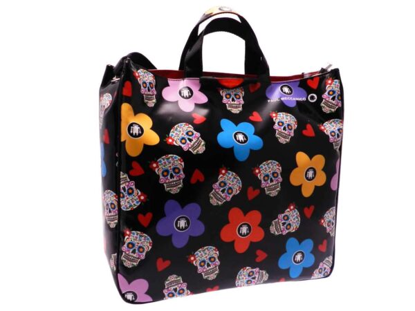 MAXI TOTE BAG BLACK COLOR MADE OF LORRY TARPAULIN. AIRSTONE MODEL FLORAL FANTASY WITH DEATH'S-HEAD. - Unique Pieces Paul Meccanico