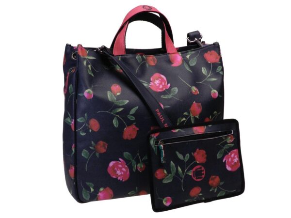 MAXI TOTE BAG BLACK COLOUR ROSES FANTASY. AIRSTONE MODEL MADE OF CRUELTY FREE LEATHER. - Unique Pieces Paul Meccanico