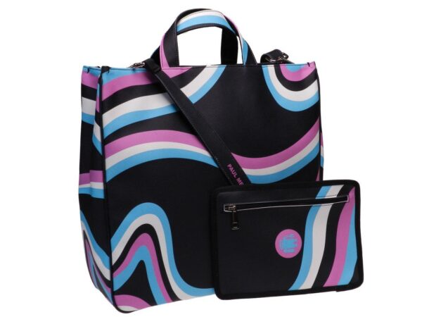 MAXI TOTE BAG BLACK COLOUR WITH ABSTRACT FANTASY. AIRSTONE MODEL MADE OF SOFT SYNTHETIC LEATHER. - Unique Pieces Paul Meccanico