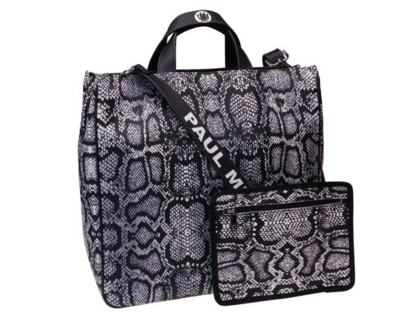 MAXI TOTE BAG BLACK, WHITE AND GREY COLOURS PYTHONATED FANTASY. AIRSTONE MODEL MADE OF SOFT SYNTHETIC LEATHER. - Unique Pieces Paul Meccanico