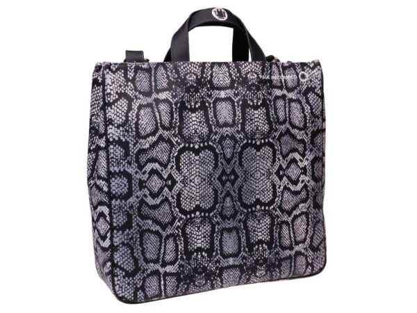 MAXI TOTE BAG BLACK, WHITE AND GREY COLOURS PYTHONATED FANTASY. AIRSTONE MODEL MADE OF SOFT SYNTHETIC LEATHER. - Unique Pieces Paul Meccanico