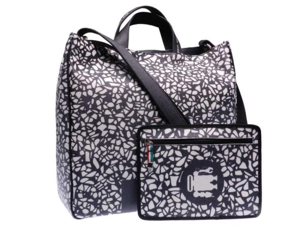 MAXI TOTE BAG BLACK & WHITE FANTASY. AIRSTONE MODEL MADE OF HAMMERED FAUX LEATHER. - Unique Pieces Paul Meccanico