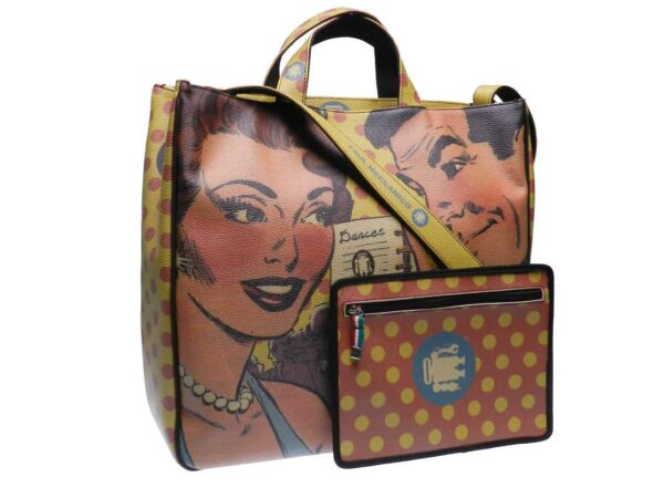 MAXI TOTE BAG COMIC STYLE MADE OF HAMMERED FAUX LEATHER. AIRSTONE MODEL OCHER AND RUSSET COLORS. - Unique Pieces Paul Meccanico
