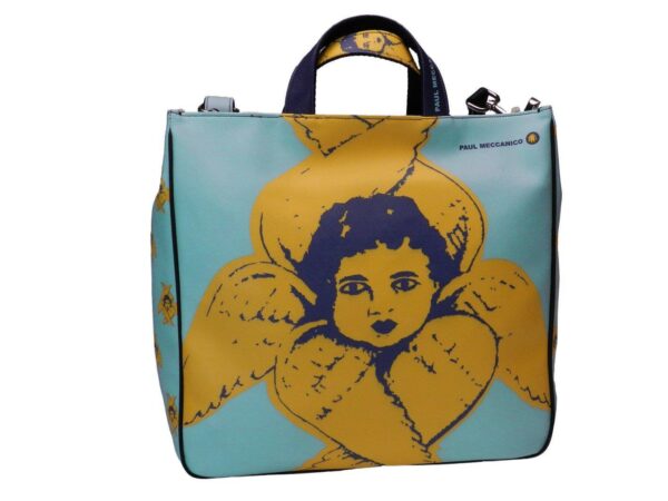 MAXI TOTE BAG DEDICATED TO SARNANO LIGHT BLUE COLOUR WITH "ANGELO DEL SERAFINO". AIRSTONE MODEL MADE OF HAMMERED FAUX LEATHER. - Unique Pieces Paul Meccanico