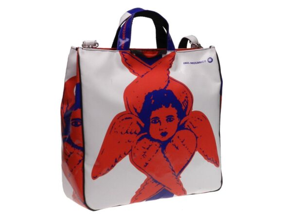 MAXI TOTE BAG DEDICATED TO SARNANO WHITE AND RED COLOURS WITH "ANGELO DEL SERAFINO". AIRSTONE MODEL MADE OF LORRY TARPAULIN. - Unique Pieces Paul Meccanico