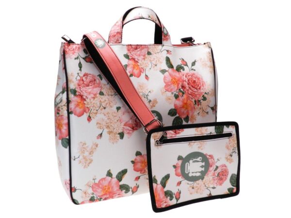 MAXI TOTE BAG OFF WHITE AND PINK COLOUR FLORAL FANTASY. AIRSTONE MODEL MADE OF SOFT SYNTHETIC LEATHER. - Unique Pieces Paul Meccanico