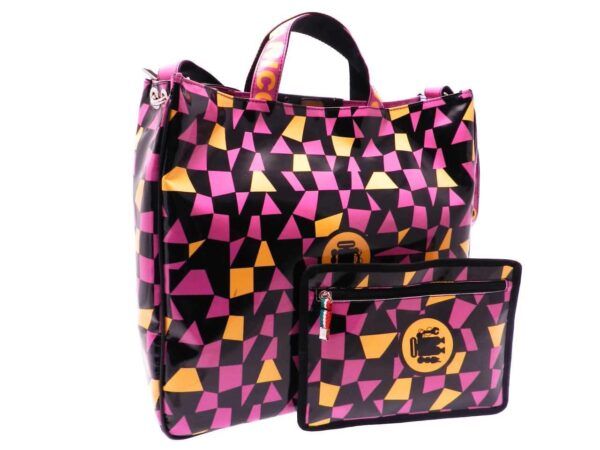 MAXI TOTE BAG OPTICAL FANTASY BLACK, YELLOW AND FUXIA COLOURS. AIRSTONE MODEL MADE OF LORRY TARPAULIN. - Unique Pieces Paul Meccanico