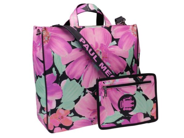 MAXI TOTE BAG PINK AND GREEN WITH FLORAL FANTASY. MODEL AIRSTONE MADE OF FAUX LEATHER. - Unique Pieces Paul Meccanico