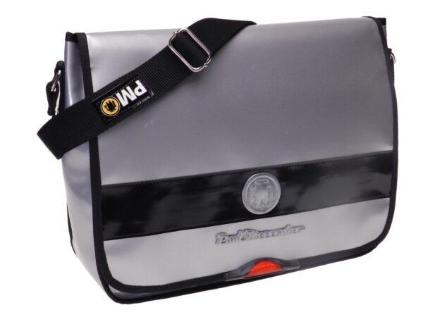 SILVER MESSENGER BAG WITH METALLIC LOGO. MODEL SPOT XL MADE OF LORRY TARPAULIN. - Limited Edition Paul Meccanico