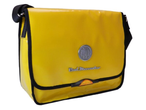 MESSENGER BAG YELLOW COLOUR WITH METALLIC LOGO. SPOT MODEL MADE OF LORRY TARPAULIN. - Limited Edition Paul Meccanico