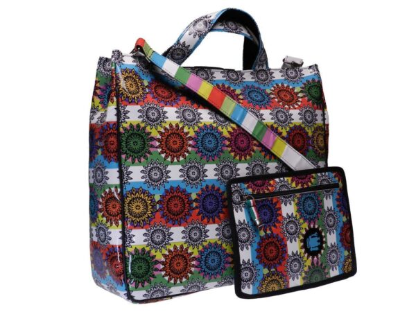 MULTICOLOR TOTE BAG WITH ETHNIC FANTASY. AIRSTONE MODEL MADE OF LORRY TARPAULIN. - Unique Pieces Paul Meccanico