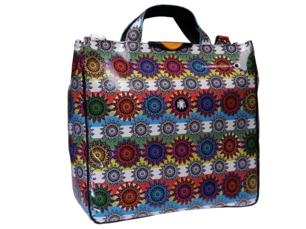 MULTICOLOR TOTE BAG WITH ETHNIC FANTASY. AIRSTONE MODEL MADE OF LORRY TARPAULIN. - Unique Pieces Paul Meccanico