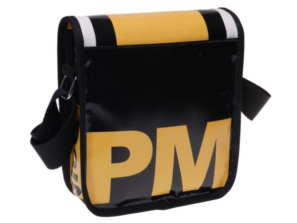 ORGANIZER SHOLDER BAG YELLOW COLOUR WITH BLACK & WHITE STRIPES. MIPOK MODEL MADE OF LORRY TARPAULIN. - Unique Pieces Paul Meccanico