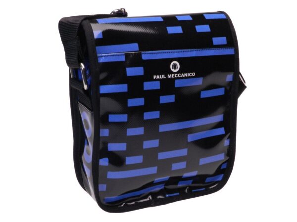 ORGANIZER SHOULDER BAG BLACK AND LIGHT BLUE COLOURS GEOMETRIC FANTASY. MODEL MIPOK MADE OF LORRY TARPAULIN. - Unique Pieces Paul Meccanico