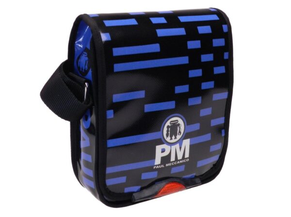 ORGANIZER SHOULDER BAG BLACK AND LIGHT BLUE COLOURS GEOMETRIC FANTASY. MODEL MIPOK MADE OF LORRY TARPAULIN. - Unique Pieces Paul Meccanico