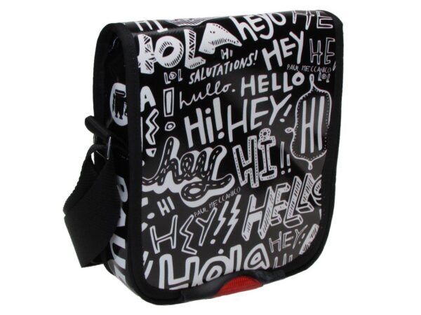 ORGANIZER SHOULDER BAG BLACK AND WHITE COLOURS "HELLO". MODEL MIPOK MADE OF LORRY TARPAULIN. - Unique Pieces Paul Meccanico