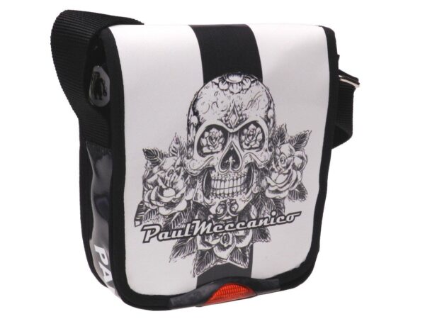 ORGANIZER SHOULDER BAG BLACK AND WHITE COLOURS WITH SKILL PRINT. MODEL MIPOK MADE OF LORRY TARPAULIN. - Unique Pieces Paul Meccanico