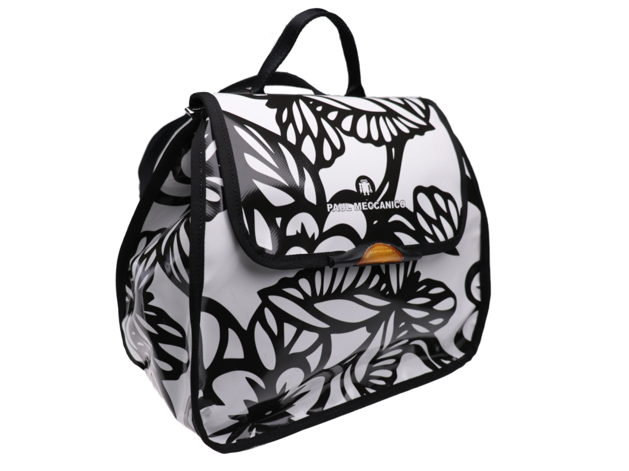 WOMEN'S BACKPACK BLACK AND WHITE "FLOWERS AND BUTTERFLIES". MODEL PULP MADE OF LORRY TARPAULIN. - Limited Edition Paul Meccanico
