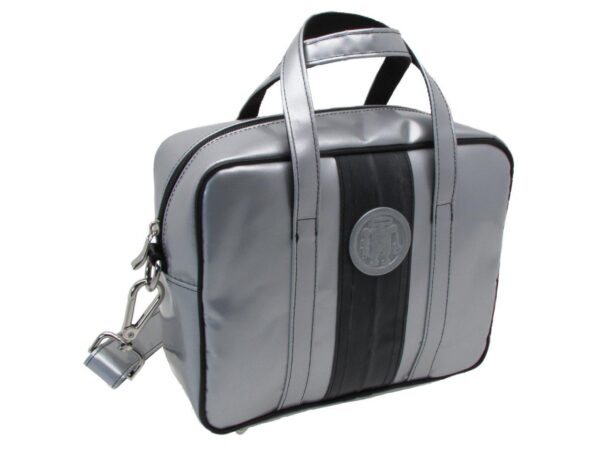 RECTANGULAR WOMEN'S BAG SILVER WITH METALLIC LOGO. MODEL PINCA MADE OF LORRY TARPAULIN. - Unique Pieces Paul Meccanico