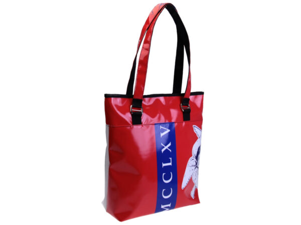 MAXI SHOPPER BAG WHITE AND RED COLOURS DEDICATED TO SARNANO WITH PRINT OF THE ANGEL SERAFINO. SELZ MODEL MADE OF LORRY TARPAULIN. - Limited Edition Paul Meccanico