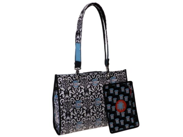 SHOPPER BAG BLACK AND WHITE COLOURS MAJOLICA FANTASY. PEPE MODEL MADE OF LORRY TARPAULIN. - Unique Pieces Paul Meccanico