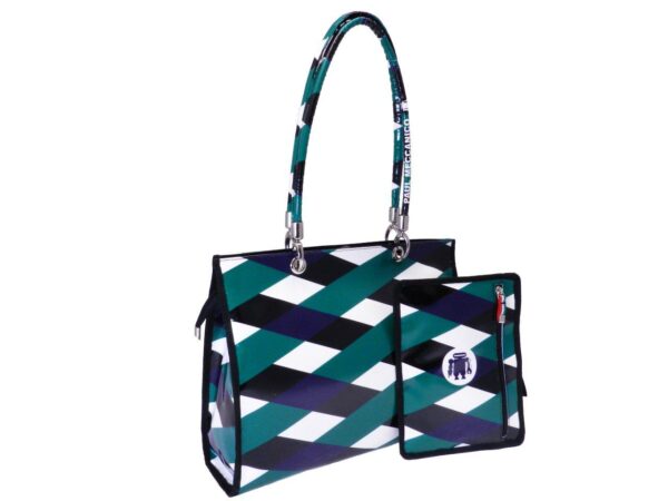 SHOPPER BAG BLACK, BLUE, WHITE AND GREEN COLOURS WITH LIGHT VINTAGE EFFECT. PEPE MODEL GEOMETRIC FANTASY. - Unique Pieces Paul Meccanico
