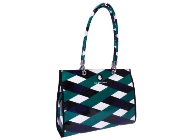 SHOPPER BAG BLACK, BLUE, WHITE AND GREEN COLOURS WITH LIGHT VINTAGE EFFECT. PEPE MODEL GEOMETRIC FANTASY. - Unique Pieces Paul Meccanico