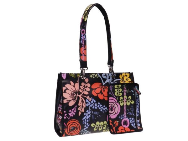 SHOPPER BAG BLACK COLOUR FLORAL FANTASY. PEPE MODEL MADE OF CRUELTY FREE LEATHER. - Unique Pieces Paul Meccanico