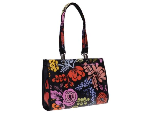 SHOPPER BAG BLACK COLOUR FLORAL FANTASY. PEPE MODEL MADE OF CRUELTY FREE LEATHER. - Unique Pieces Paul Meccanico