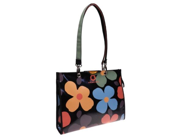 SHOPPER BAG BLACK COLOUR FLORAL FANTASY. PEPE MODEL MADE OF LORRY TARPAULIN. - Unique Pieces Paul Meccanico