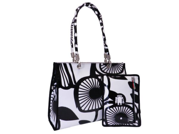 SHOPPER BAG BLACK & WHITE COLOURS FLORAL FANTASY. PEPE MODEL MADE OF LORRY TARPAULIN. - Unique Pieces Paul Meccanico