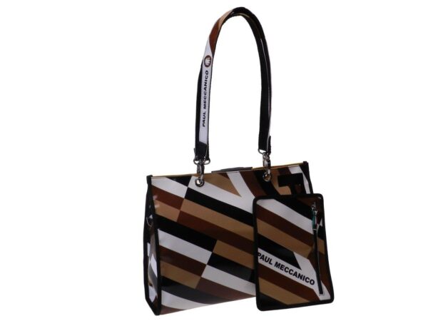 SHOPPER BAG BROWN, WHITE, BEIGE AND BLACK COLOURS. PEPE MODEL MADE OF LORRY TARPAULIN. - Unique Pieces Paul Meccanico