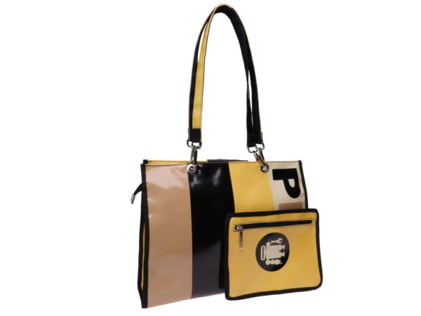SHOPPER BAG LIGHT BROWN, BLACK, YELLOW AND BEIGE COLOURS GEOMETRIC FANTASY. PEPE MODEL MADE OF LORRY TARPAULIN. - Unique Pieces Paul Meccanico
