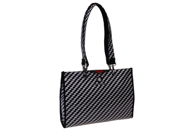 SHOPPER BAG OPTICAL BLACK AND WHITE. PEPE MODEL MADE OF LORRY TARPAULIN. - Unique Pieces Paul Meccanico