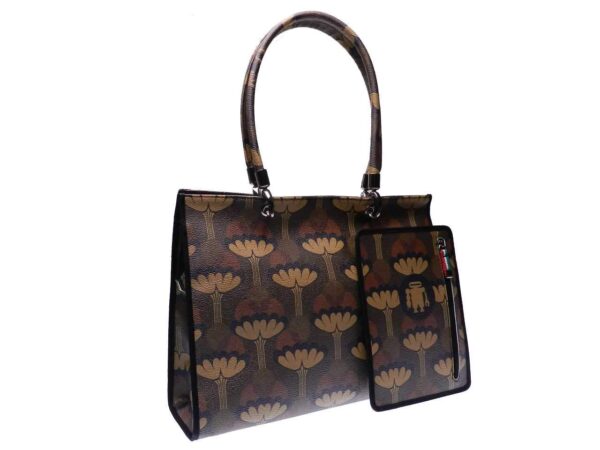 SHOPPER BAG PAUL MECCANICO BROWN, BLACK AND BEIGE COLOURS. PEPE MODEL MADE OF HAMMERED FAUX LEATHER WITH FLORAL FANTASY. - Unique Pieces Paul Meccanico