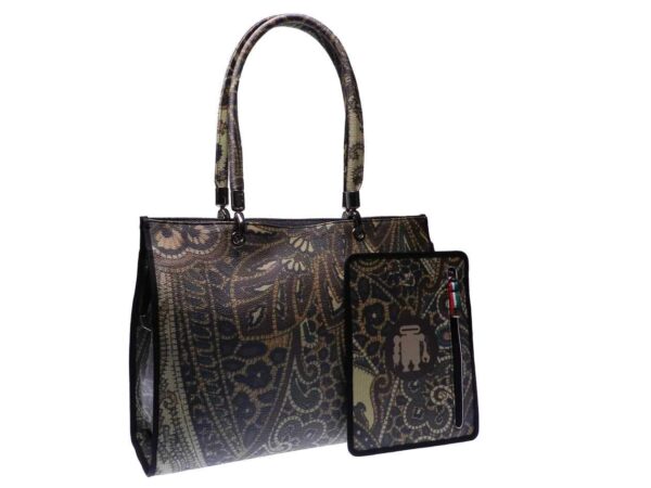SHOPPER BAG PAUL MECCANICO CANVAS EFFECT MADE OF HAMMERED FAUX LEATHER. PEPE MODEL BROWN AND BEIGE COLOURS INDIAN FANTASY. - Unique Pieces Paul Meccanico
