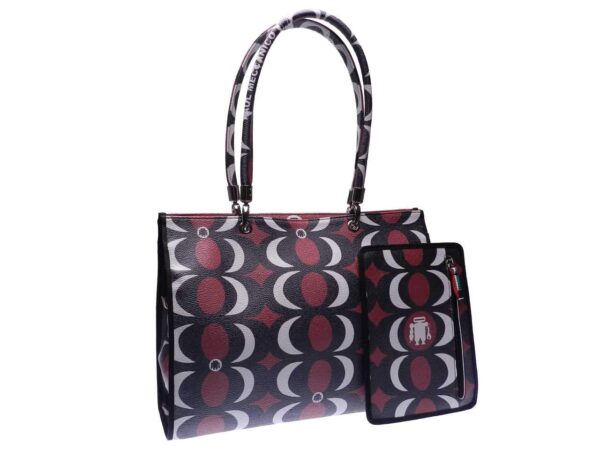 SHOPPER BAG PAUL MECCANICO MADE OF HAMMERED FAUX LEATHER. PEPE MODEL GEOMETRIC FANTASY BLACK, WHITE AND RED COLORS. - Unique Pieces Paul Meccanico