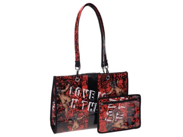 SHOPPER BAG RED AND BLACK COLOURS WITH ANGELS PRINT. PEPE MODEL MADE OF LORRY TARPAULIN. - Unique Pieces Paul Meccanico