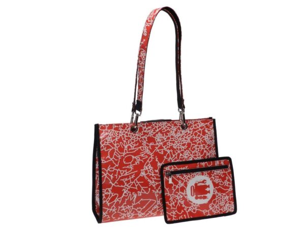 SHOPPER BAG RED COLOUR LINES PATTERN. PEPE MODEL MADE OF LORRY TARPAULIN. - Unique Pieces Paul Meccanico