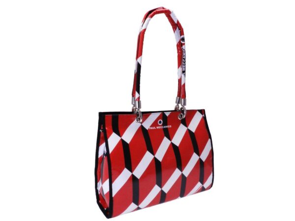 SHOPPER BAG RED, WHITE AND BLACK COLOURS MADE OF LORRY TARPAULIN. PEPE MODEL GEOMETRIC FANTASY. - Unique Pieces Paul Meccanico