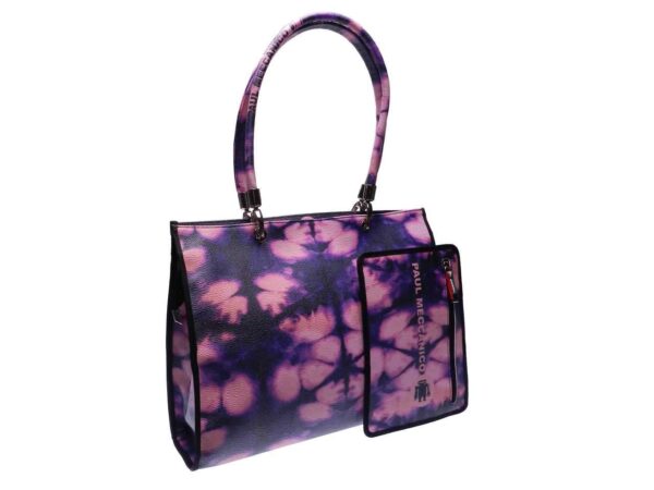 SHOPPER BAG TIE DYE FANTASY MADE OF HAMMERED FAUX LEATHER. PEPE MODEL VIOLET AND PINK COLOURS. - Unique Pieces Paul Meccanico