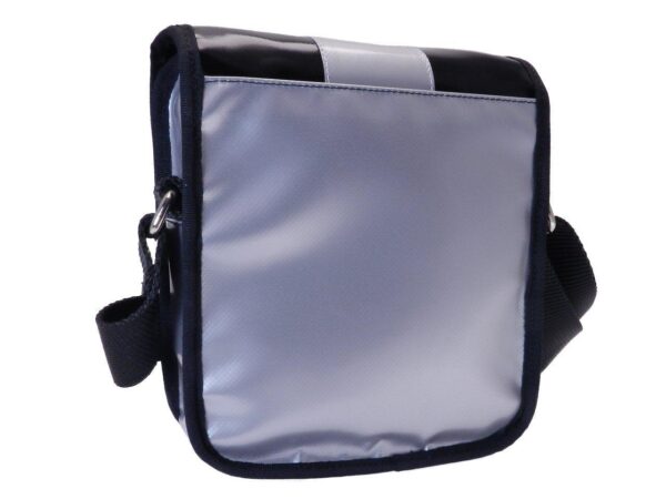 SHOULDER BAG BLACK AND SILVER COLOURS WITH METALLIC LOGO. MIPOK MODEL MADE OF LORRY TARPAULIN. - Unique Pieces Paul Meccanico