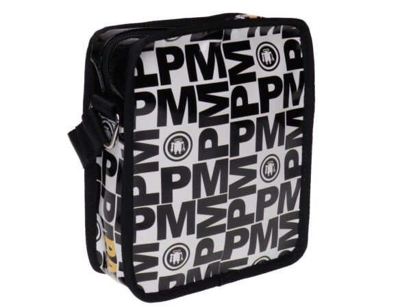 SHOULDER BAG BLACK AND WHITE COLOURS LETTERING FANTASY. STRATOS MODEL MADE OF LORRY TARPAULIN. - Limited Edition Paul Meccanico