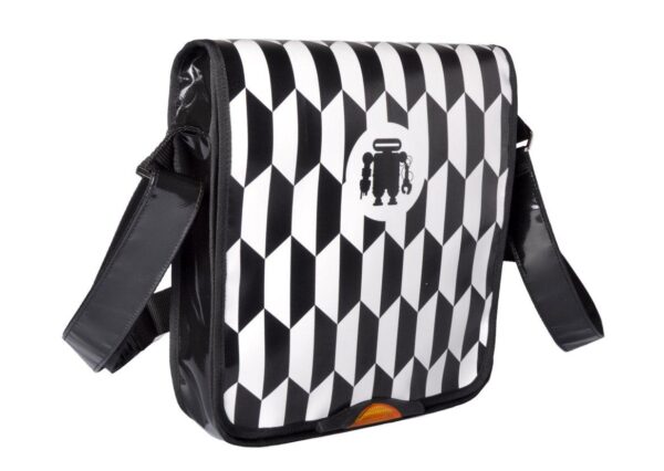 SHOULDER BAG BLACK AND WHITE WITH GEOMETRIC FANTASY. YOYO MODEL MADE OF LORRY TARPAULIN. - Paul Meccanico