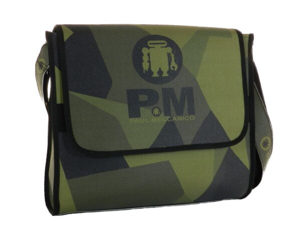SHOULDER BAG PAUL MECCANICO MADE OF SYNTHETIC LEATHER. BREAK MODEL BLACK AND KHAKI COLORS CAMOUFLAGE FANTASY. - Unique Pieces Paul Meccanico
