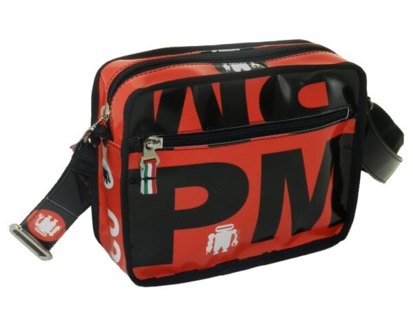 SHOULDER BAG RED AND BLACK COLOURS WITH LETTERING FANTASY. FRIK MODEL MADE OF LORRY TARPAULIN. - Limited Edition Paul Meccanico