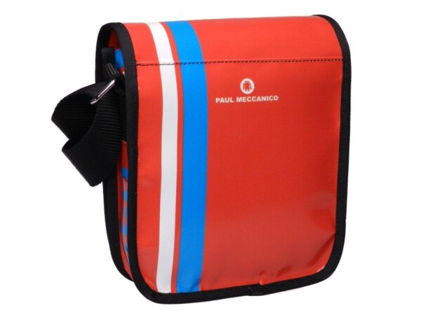 SHOULDER BAG RED COLOR WITH TURQUOISE AND WHITE STRIPES. MIPOK MODEL MADE OF LORRY TARPAULIN. - Unique Pieces Paul Meccanico