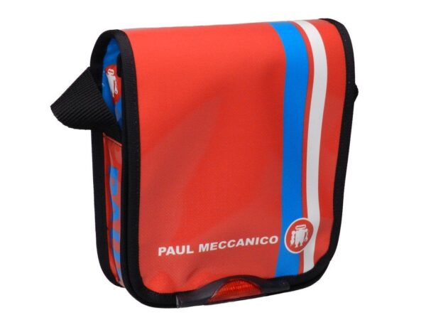 SHOULDER BAG RED COLOR WITH TURQUOISE AND WHITE STRIPES. MIPOK MODEL MADE OF LORRY TARPAULIN. - Unique Pieces Paul Meccanico