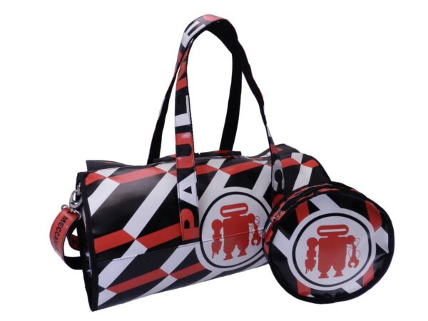 SPORT BAG BLACK, WHITE AND RED COLOURS. ROLLING MODEL MADE OF LORRY TARPAULIN. - Unique Pieces Paul Meccanico