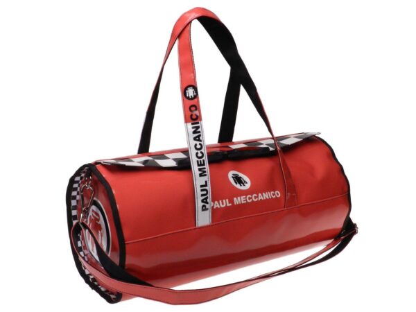 SPORTY BOSTON BAG RED WITH BLACK AND WHITE. MODEL ROLLING MADE OF LORRY TARPAULIN. - Unique Pieces Paul Meccanico